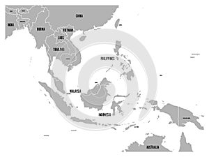 South East Asia political map. Grey land on white background with black country name labels. Simple flat vector