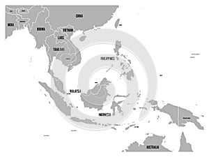 South East Asia political map. Grey land on white background with black country name labels. Simple flat vector photo