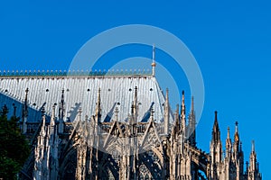 South-east view of Cologne Cathedral with details of the buttresses supporting the windowed walls