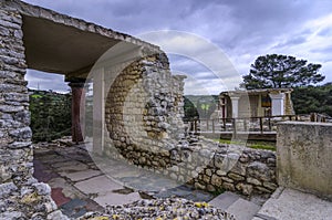 South Entrance, Corridor With The Prince Of The Lilies fresco at the archaeological site of Knossos. South Propylaeum building in