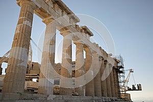 South facade of the Parthenon during reconstruction works. Temple on the Athenian Acropolis, Greece, dedicated to goddess Athena.