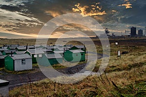 South Gare green fishermen`s huts. Redcar.