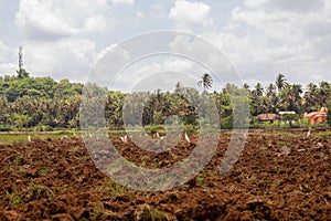 SOUTH GOA, INDIA - May 20, 2020: Agricultural Landscape view in Goa/India with tractor in foreground