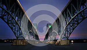 South Grand Island Bridge spanning the Niagara River in the evening in Erie County, New York.