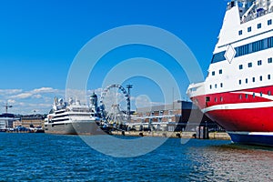 South harbor, with ferry ships, the SkyWheel, in Helsinki