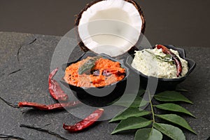 South indian coconut chutney with curry leaves and red chillies