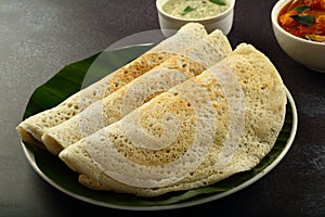 South Indian cuisine-  Dosa with sambar and chutney- Vegan  breakfast.