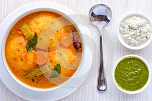 South Indian cuisine- Idli sambhar and chutney photo
