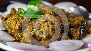 South Indian cuisine Kerala Style Beef fry / roast. Traditional style meat roast. Garnished with onion slices and curry leaves.