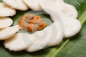 South Indian Dish, Idli sambar on a banana leaf