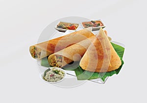South Indian Masala Dhosa or dosa served with sambhar  coconut chutney  red chutney and green chutney  South Indian Breakfast