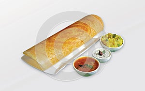 South Indian Masala Dhosa or dosa served with sambhar  coconut chutney  red chutney and green chutney  South Indian Breakfast