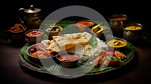 South Indian Meal on Banana Leaf, Dark Background