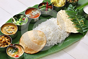 South indian meals served on banana leaf