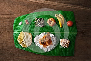 South Indian meals traditional food on banana leaf, Festival Day food.