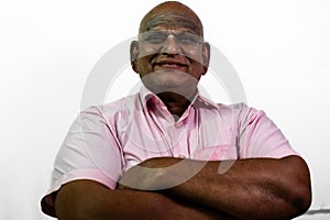 South Indian Old Bald Man Folding Hands on White Background