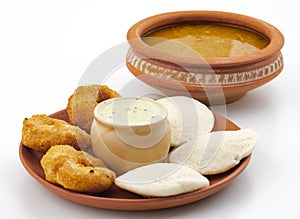 South Indian Popular Breakfast Idli Vada Served With Sambar And Coconut Chutney