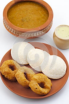 South Indian Popular Breakfast Idli Vada Served With Sambar And Coconut Chutney