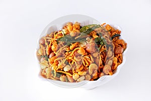South indian spicy crunchy mix Nimco or Namkeen white bowl background isolated