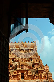 South indian styled ornamental tower in the ancient Brihadisvara Temple in Thanjavur, india.