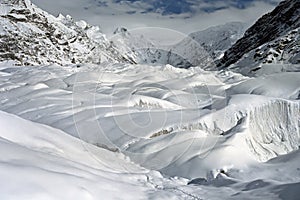 South Inylchek Glacier after snowfall in August on Tien Shan.