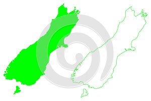 South island New Zealand map vector illustration, scribble sketch Te Waipounamu map