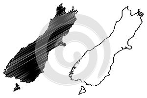 South island New Zealand map vector illustration, scribble sketch Te Waipounamu map