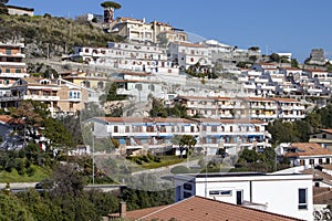 South of Italy, Calabria. Colorful Cabins on Scalea Beach with a Bright Blue Sky in the Background. Amazing Place to Visit in