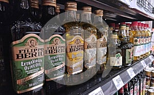 South Jakarta, October 4, 2023: Display of bottles of Olive oil at supermarket