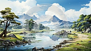 South Korea Atoll: A Breathtaking Watercolor Illustration Of A Beautiful Mountain Near The Lake