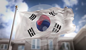 South Korea Flag 3D Rendering on Blue Sky Building Background