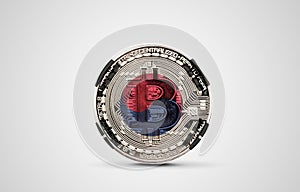 South Korea flag on a bitcoin cryptocurrency coin. 3D Rendering