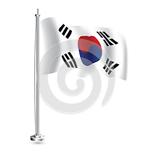 South Korea Flag. Isolated Realistic Wave Flag of South Korea Country on Flagpole