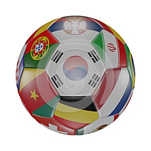 South Korea flag among other world flags on 3D soccer ball. Isolated on white. Qatar 2022