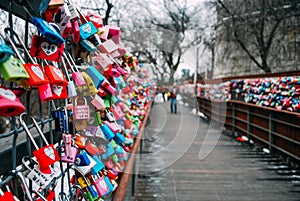 SOUTH KOREA-26 JANUARY 2017: Thousands of colorful love padlocks along the wooden walk path during winter