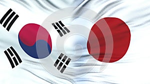 South Korea and Japan officials exchanging confidential envelope, against flags