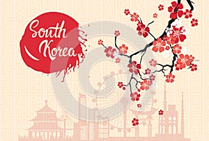 South Korea Landmarks Silhouette Decorated With Sakura Blossom Retro Seoul Poster