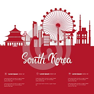 South Korea Landmarks Silhouette Seoul Famous Buildings City View With Monuments On White Background With Copy Space