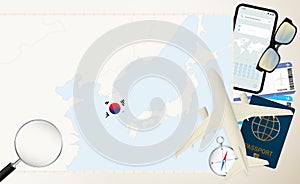 South Korea map and flag, cargo plane on the detailed map of South Korea with flag