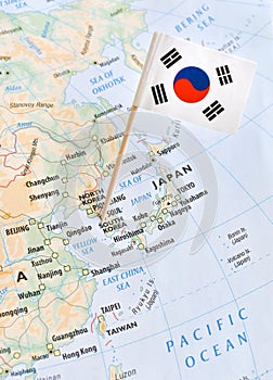 South Korea map and flag pin world hot spot concept