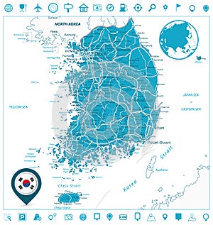 South Korea Road Map and Navigation Icons