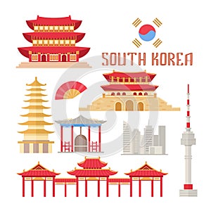 South Korea showplace flat vector illustration. Korean buildings and traditional attributes, Eastern culture items set photo