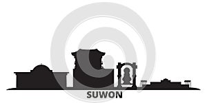 South Korea, Suwon city skyline isolated vector illustration. South Korea, Suwon travel black cityscape