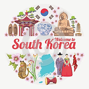 South Korea travel poster in circle. Korea Journey banner with korean objects