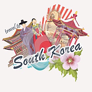 South Korea travel poster with flower, pagodas, tradition clothes and signs. Korea Journey card with korean objects