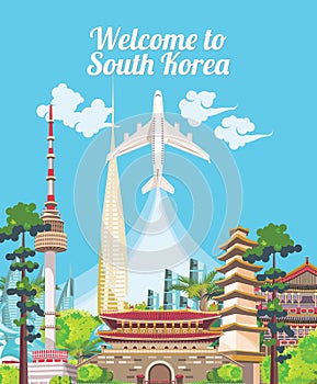 South Korea travel poster with korean city. Korea Journey banner with korean objects