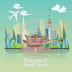 South Korea travel poster with korean city. Korea Journey banner with korean objects