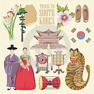 South Korea travel set. Korea Journey banner with korean objects