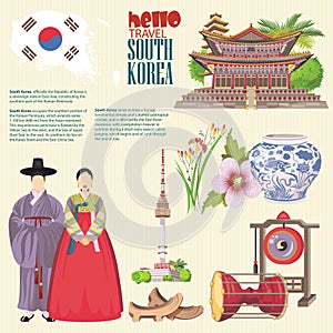 South Korea travel vector infographics with pagodas, tradition clothes and signs. Korea Journey card with korean objects