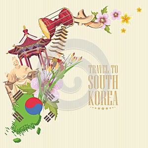 South Korea travel vector poster with pagodas, tradition clothes and signs. Korea Journey card with korean objects